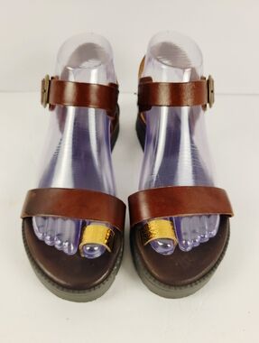 Sundance Women Leather Loop Toe Platform Sandals shoes sz 37/7